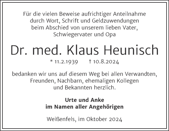 Traueranzeige von Klaus Heunisch von Trauerkombi Weißenfels