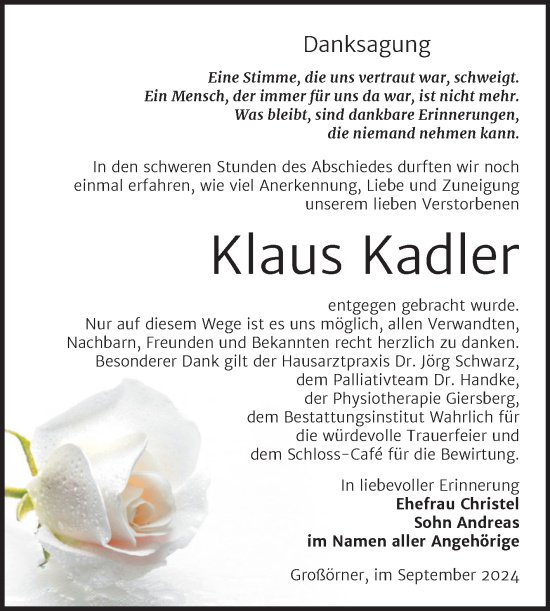 Traueranzeige von Klaus Kadler von Trauerkombi Mansfelder Land