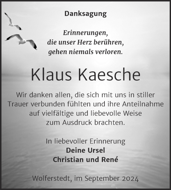 Traueranzeige von Klaus Kaesche von Trauerkombi Sangerhausen