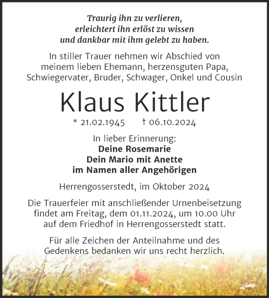 Traueranzeige von Klaus Kittler von Naumburger Tageblatt