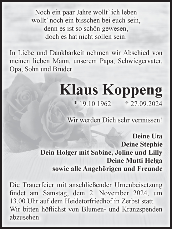 Traueranzeige von Klaus Koppeng von Volksstimme Zerbst
