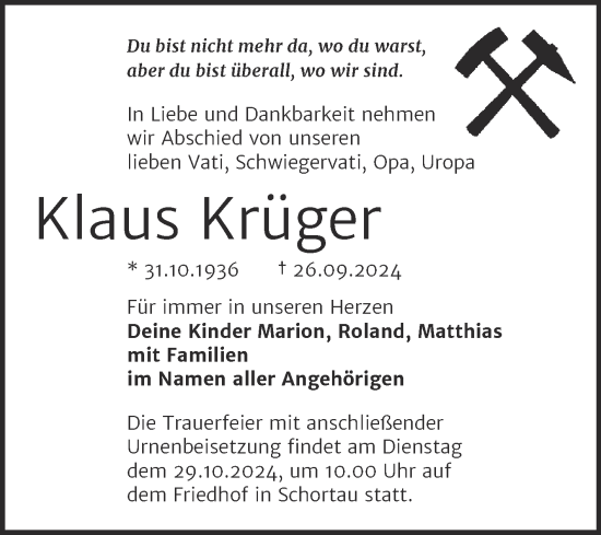 Traueranzeige von Klaus Krüger von Trauerkombi Merseburg