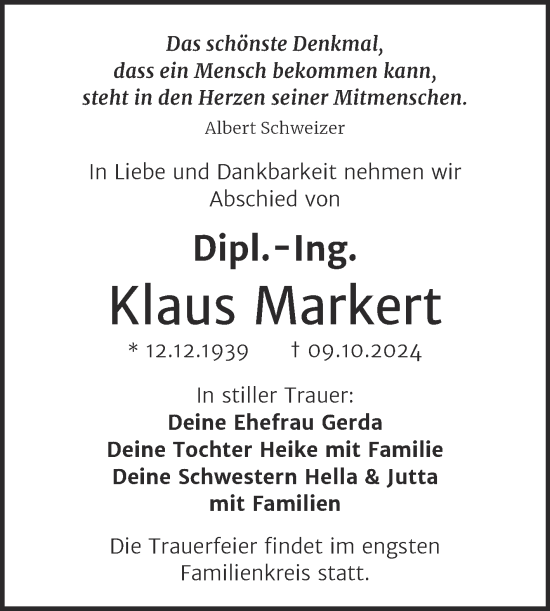 Traueranzeige von Klaus Markert von Trauerkombi Dessau