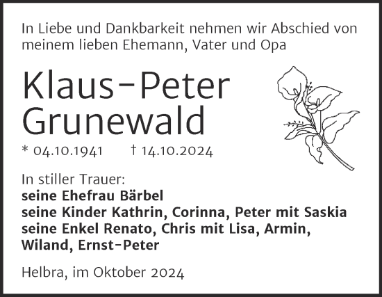 Traueranzeige von Klaus-Peter Bärbel von Mitteldeutsche Zeitung Mansfelder Land