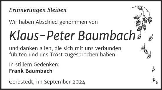 Traueranzeige von Klaus-Peter Baumbach von Trauerkombi Mansfelder Land