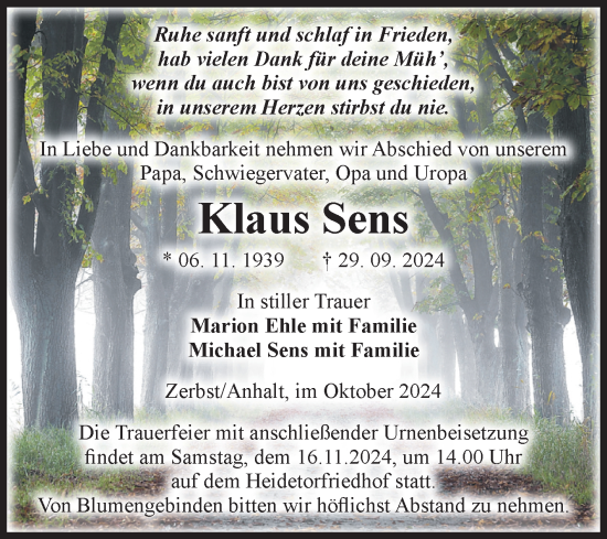 Traueranzeige von Klaus Sens von Volksstimme Zerbst