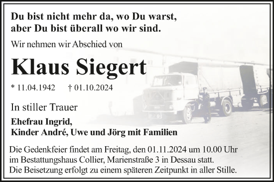 Traueranzeige von Klaus Siegert von Trauerkombi Dessau