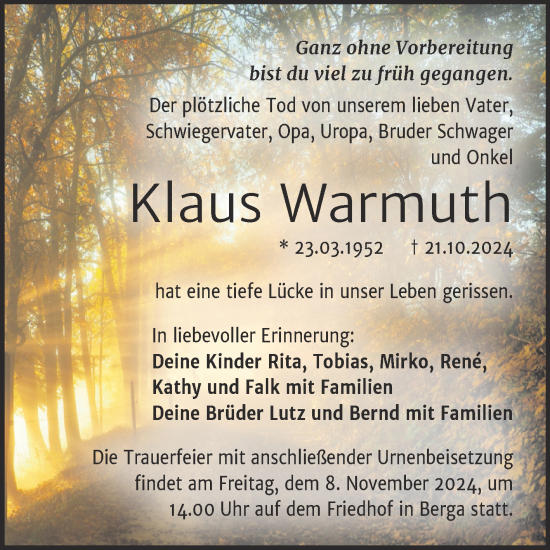 Traueranzeige von Klaus Warmuth von Trauerkombi Sangerhausen