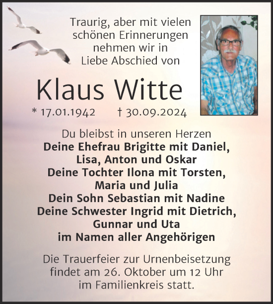 Traueranzeige von Klaus Witte von Trauerkombi Weißenfels