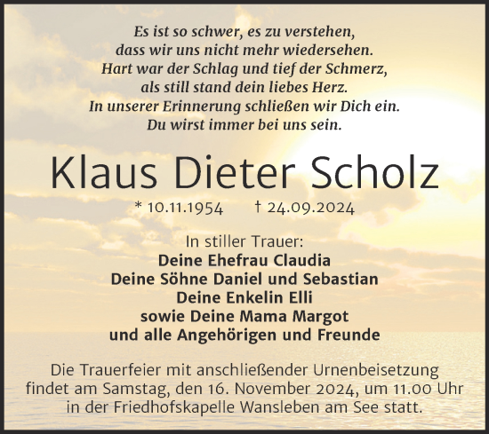 Traueranzeige von Klaus Dieter Scholz von Trauerkombi Mansfelder Land
