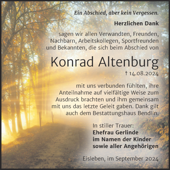 Traueranzeige von Konrad Altenburg von Trauerkombi Mansfelder Land