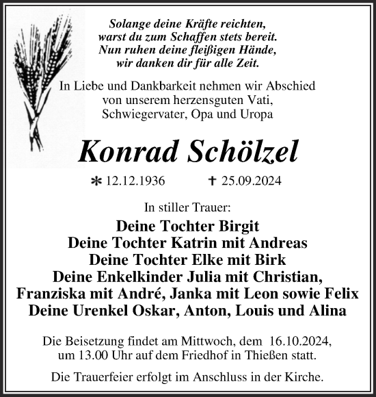 Traueranzeige von Konrad Schölzel von Trauerkombi Wittenberg