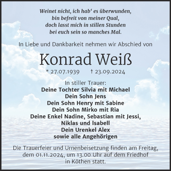Traueranzeige von Konrad Weiß von Trauerkombi Köthen