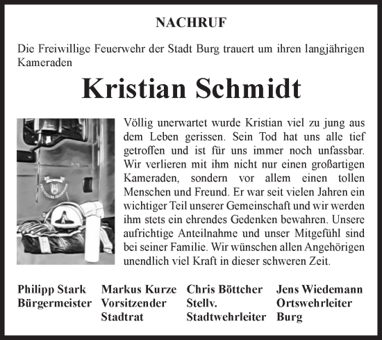 Traueranzeige von Kristian Schmidt von Volksstimme Burg/Genthin