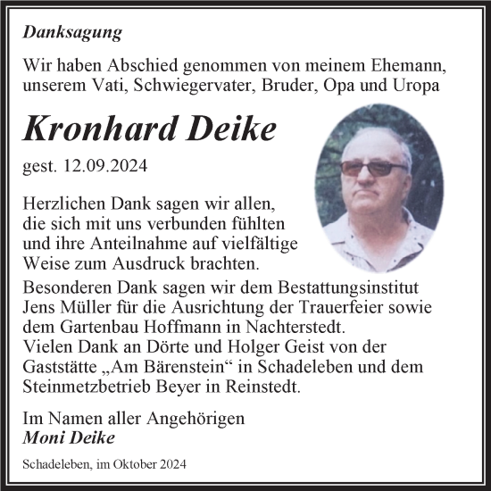 Traueranzeige von Kronhard Deike von Trauerkombi Aschersleben