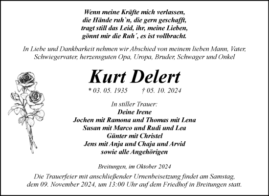 Traueranzeige von Kurt Delert von Trauerkombi Sangerhausen
