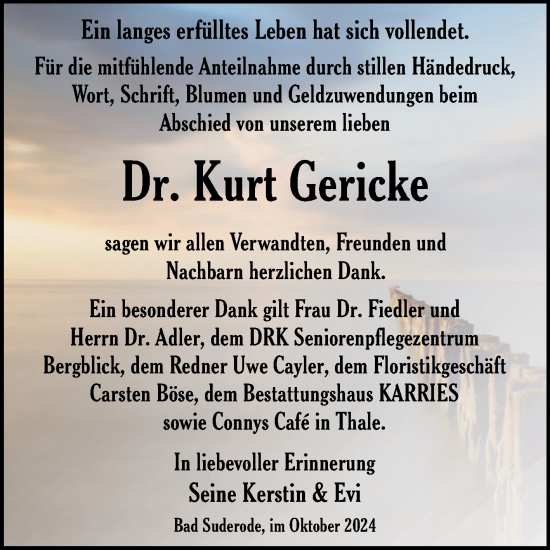 Traueranzeige von Kurt Gericke von Trauerkombi Quedlinburg