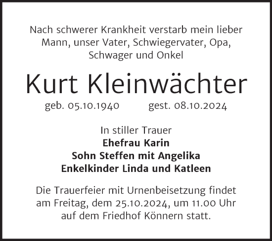 Traueranzeige von Kurt Kleinwächter von Trauerkombi Bernburg