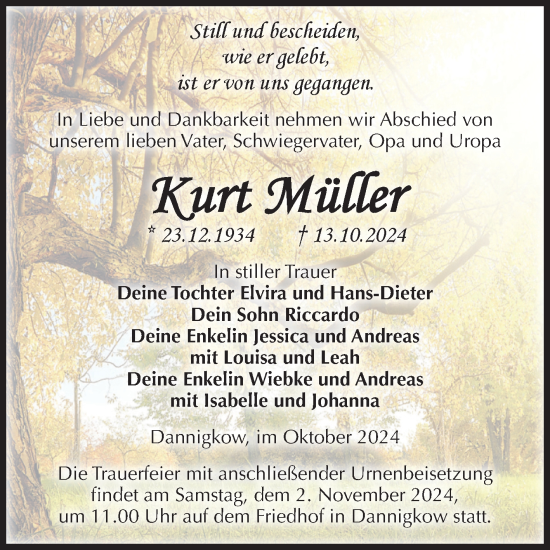 Traueranzeige von Kurt Müller von Volksstimme Burg/Genthin