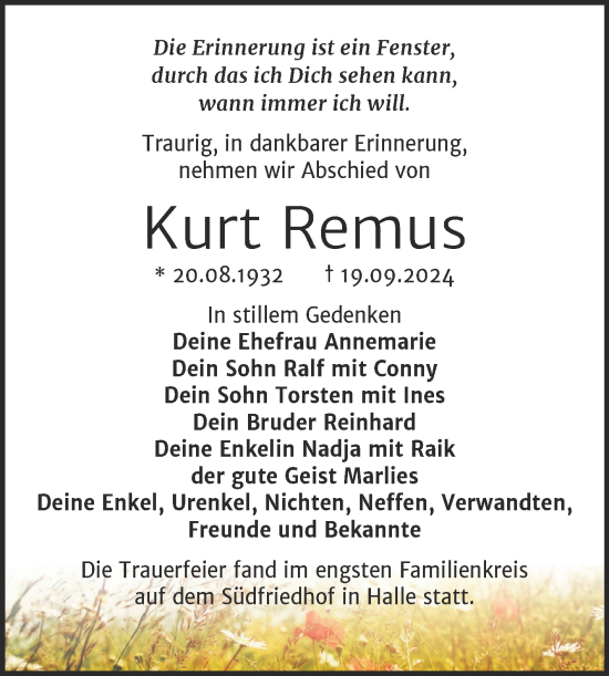 Traueranzeige von Kurt Remus von Mitteldeutsche Zeitung Halle/Saalkreis