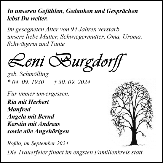 Traueranzeige von Leni Burgdorff von Trauerkombi Sangerhausen