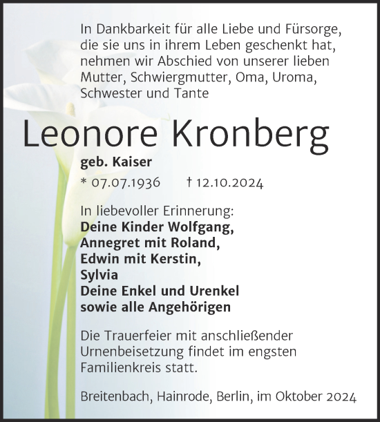 Traueranzeige von Leonore Kronberg von Trauerkombi Sangerhausen