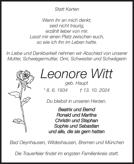 Traueranzeige von Leonore Witt von Volksstimme Burg/Genthin