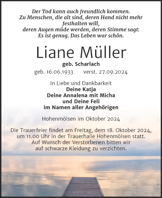 Traueranzeige von Liane Müller von Trauerkombi Weißenfels