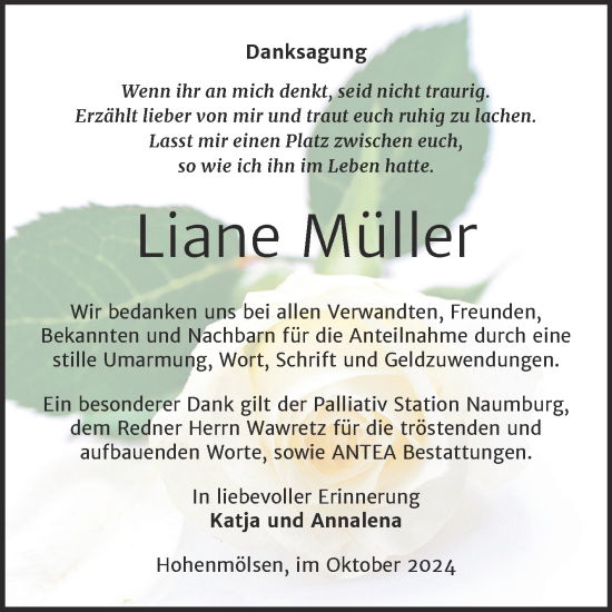 Traueranzeige von Liane Müller von Trauerkombi Weißenfels