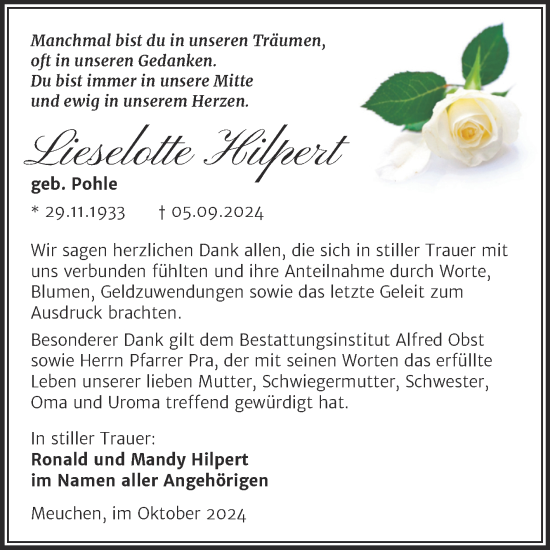 Traueranzeige von Lieselotte Hilpert von Trauerkombi Weißenfels