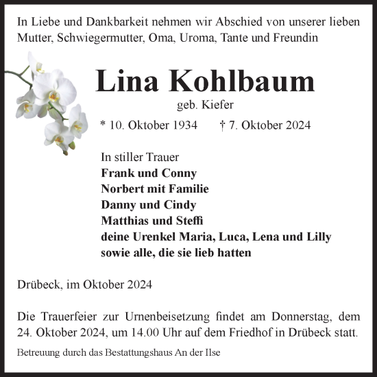 Traueranzeige von Lina Kohlbaum von Volksstimme Wernigerode