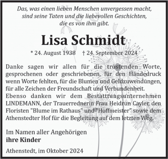 Traueranzeige von Lisa Schmidt von Volksstimme Halberstadt