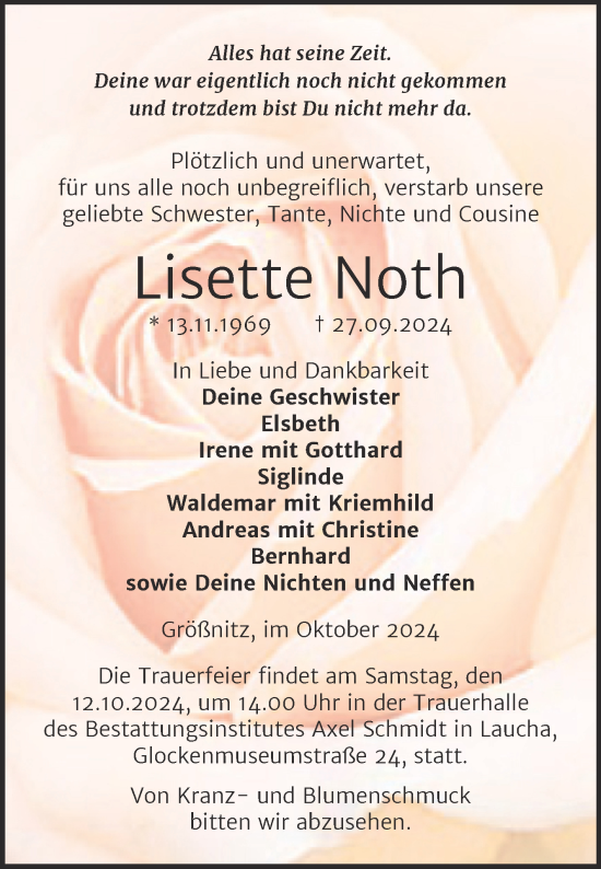 Traueranzeige von Lisette Noth von Super Sonntag Naumburg/Nebra