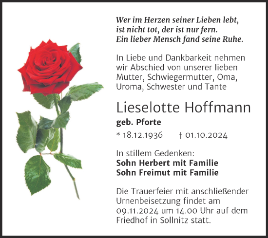 Traueranzeige von Loeselotte Hoffmann von Trauerkombi Dessau