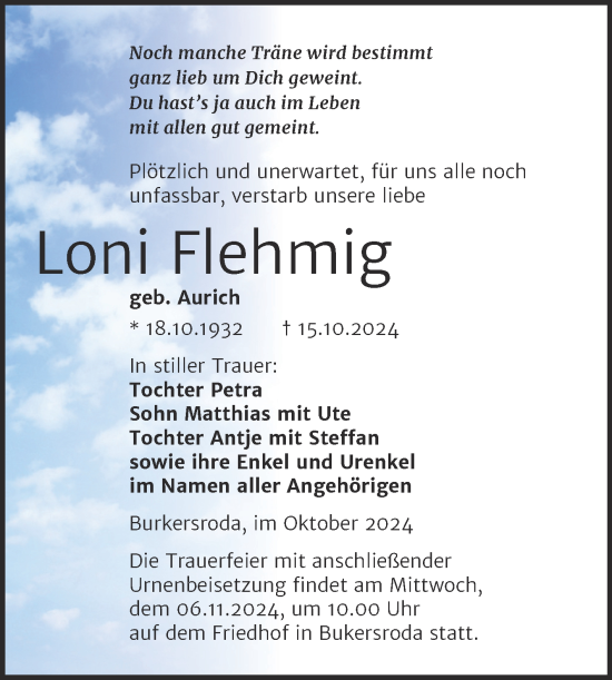 Traueranzeige von Loni Flehmig von Super Sonntag Naumburg/Nebra