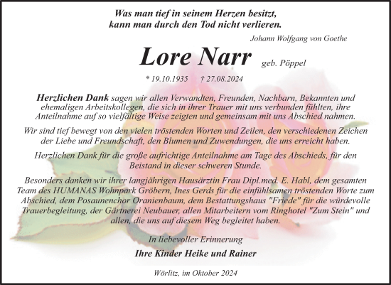 Traueranzeige von Lore Narr von Trauerkombi Wittenberg