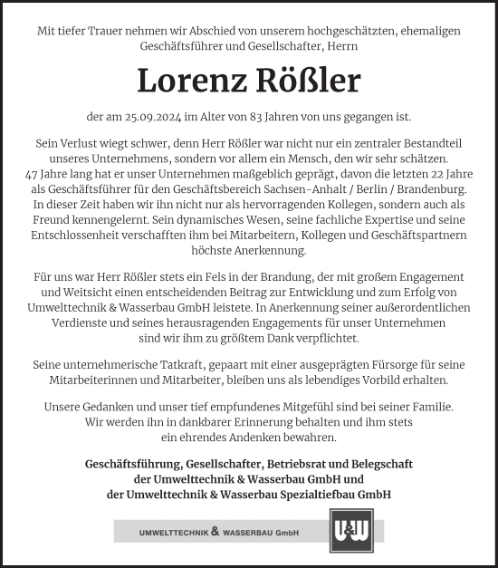 Traueranzeige von Lorenz Rößler von Mitteldeutsche Zeitung Aschersleben