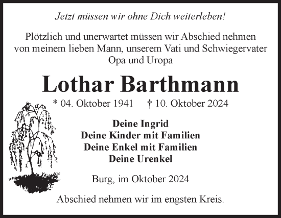 Traueranzeige von Lothar Barthmann von Volksstimme Burg/Genthin