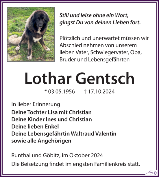 Traueranzeige von Lothar Gentsch von Trauerkombi Weißenfels