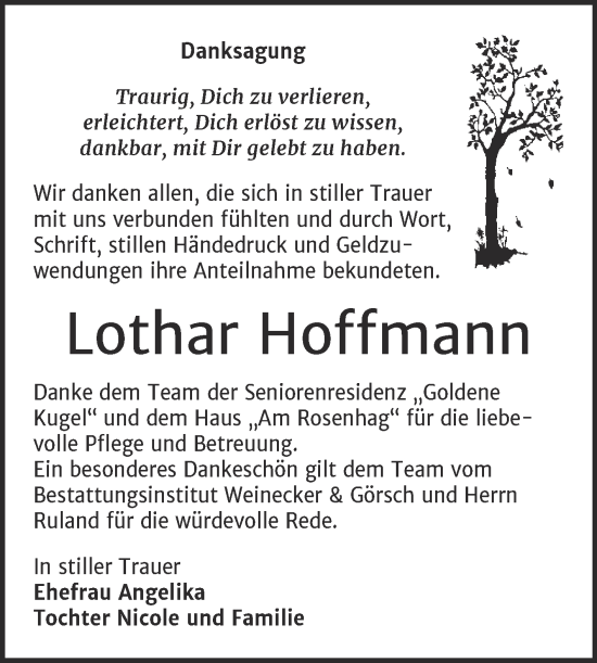 Traueranzeige von Lothar Hoffmann von Trauerkombi Bernburg