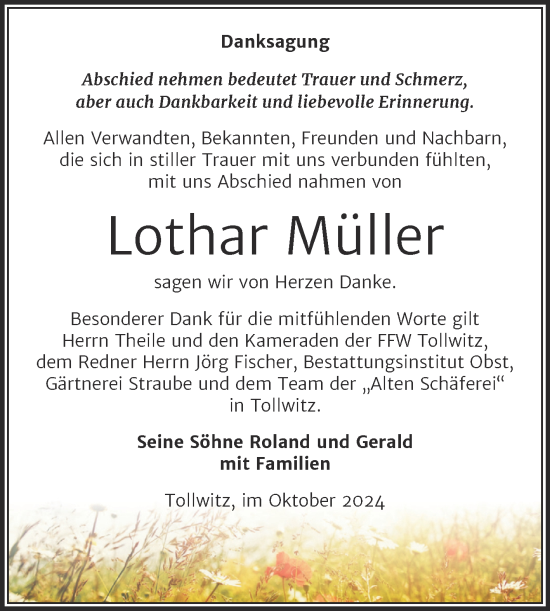 Traueranzeige von Lothar Müller von Trauerkombi Merseburg