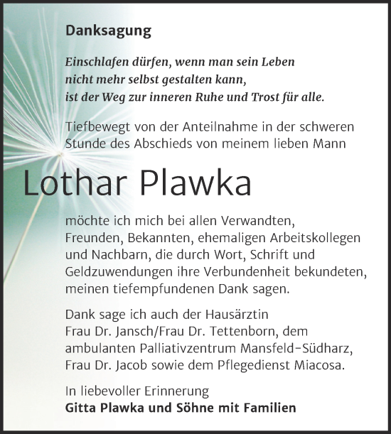 Traueranzeige von Lothar Plawka von Trauerkombi Sangerhausen