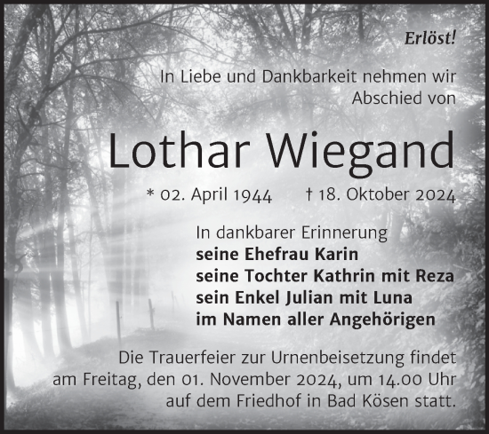 Traueranzeige von Lothar Wiegand von Super Sonntag Naumburg/Nebra