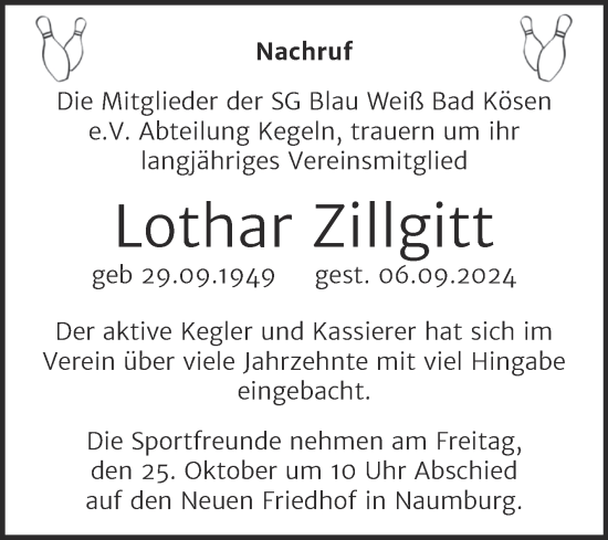 Traueranzeige von Lothar Zillgitt von Naumburger Tageblatt