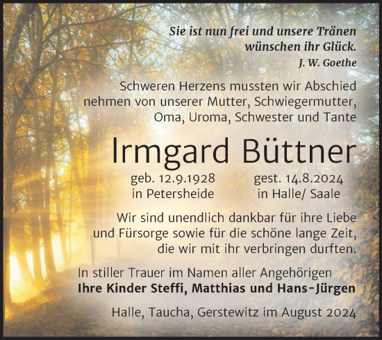Traueranzeige von lrmgard Büttner von Super Sonntag Weißenfels