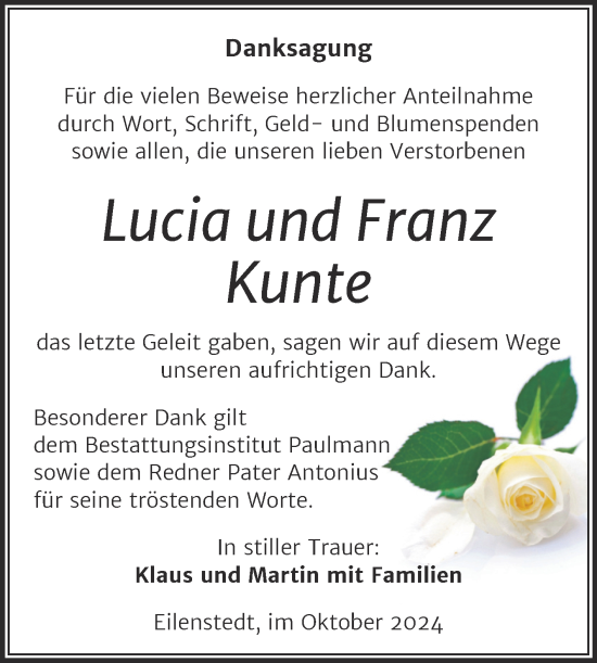 Traueranzeige von Lucia und Franz Kunte von Volksstimme Halberstadt