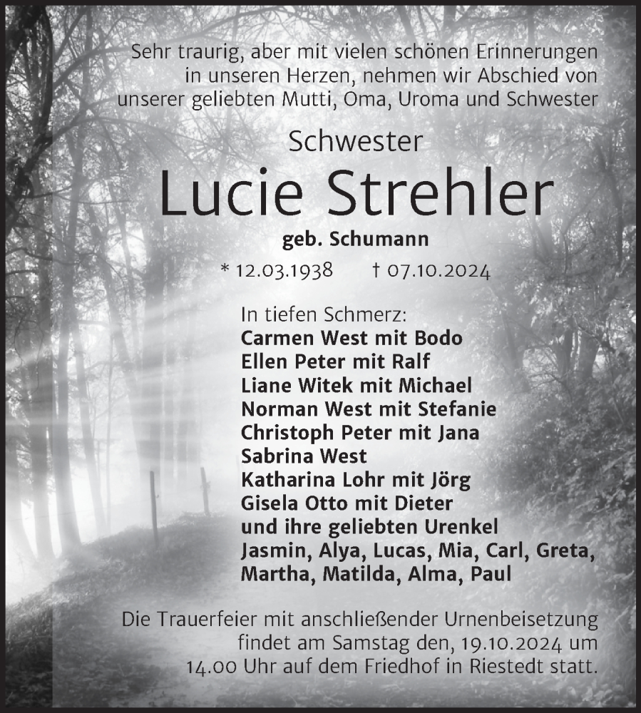  Traueranzeige für Lucie Strehler vom 19.10.2024 aus Trauerkombi Sangerhausen