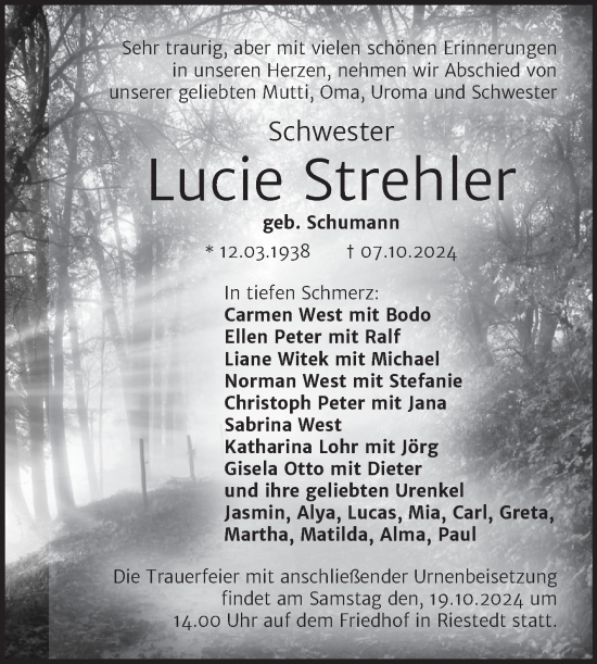 Traueranzeige von Lucie Strehler von Trauerkombi Sangerhausen