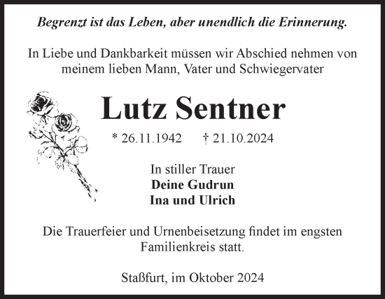 Traueranzeige von Lutz Sentner von Volksstimme Staßfurt