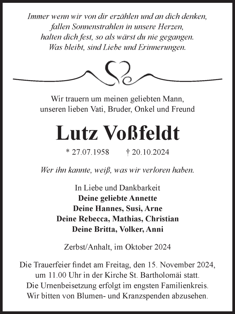  Traueranzeige für Lutz Voßfeldt vom 26.10.2024 aus Volksstimme Zerbst